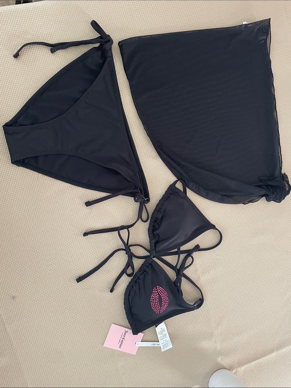 Women’s Black Tie-Side Bikini Set with Mesh Sarong